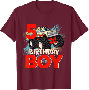5 Year Old 5th Birthday Boy Monster Truck Car T-Shirt - T-Shirt | Maroon