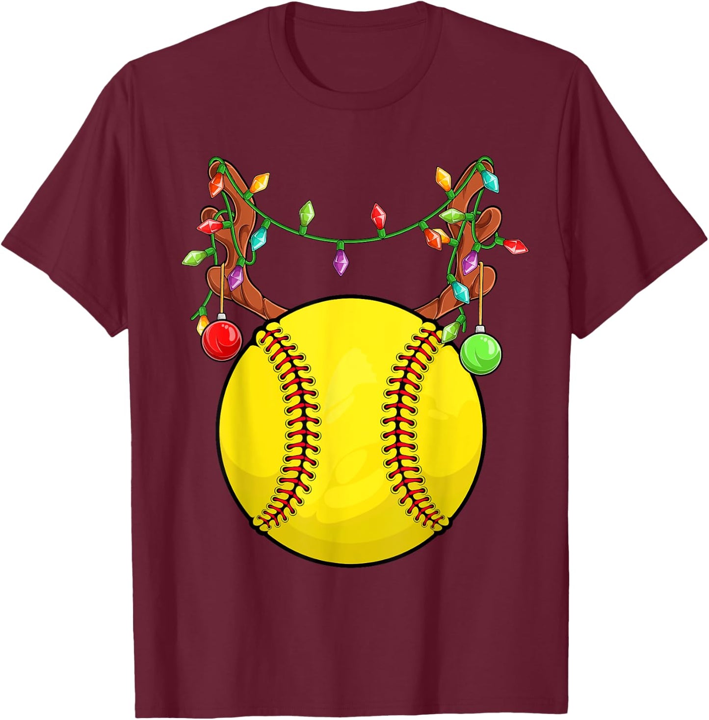 Softball Ball Reindeer Antler Christmas Ornament Pajama Teen T-Shirt - T-Shirt | Maroon