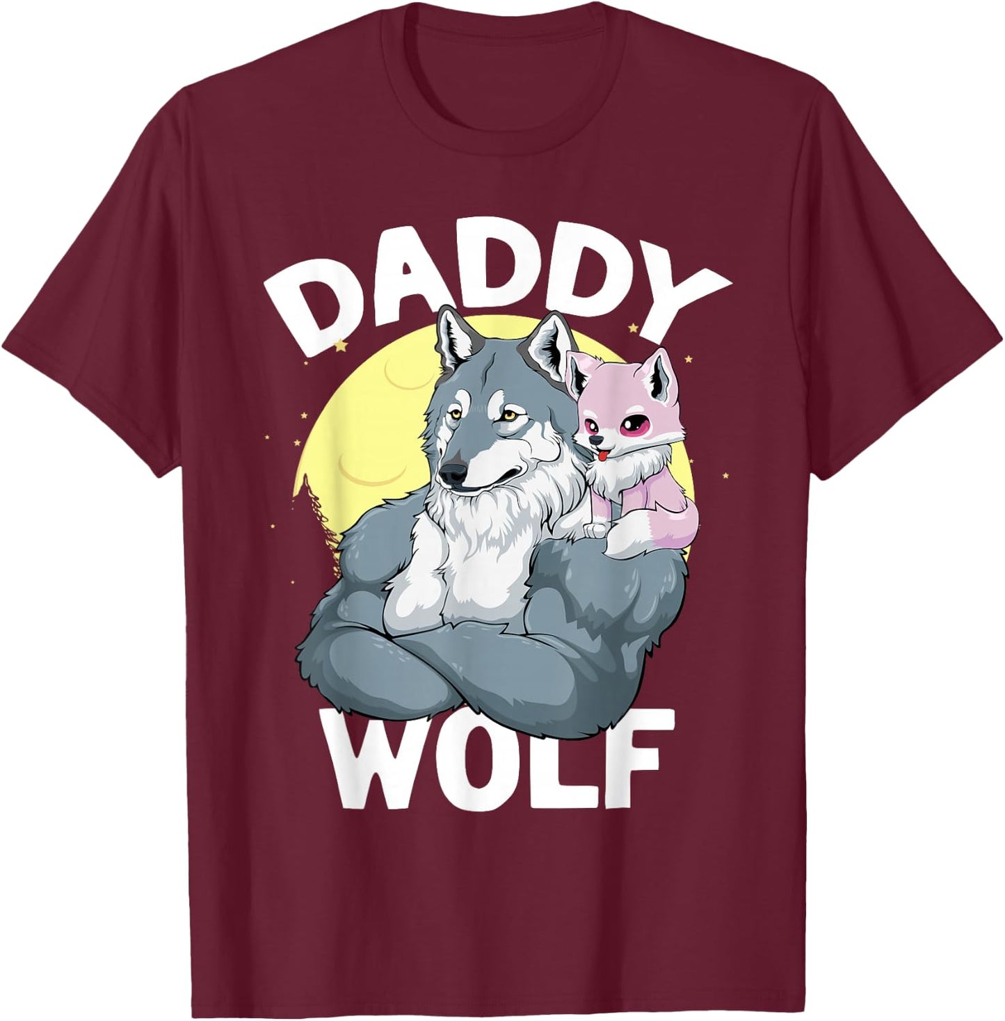 Daddy Wolf with Wolf Dad and Girl Wolf on Fathers Day T-Shirt - T-Shirt | Maroon