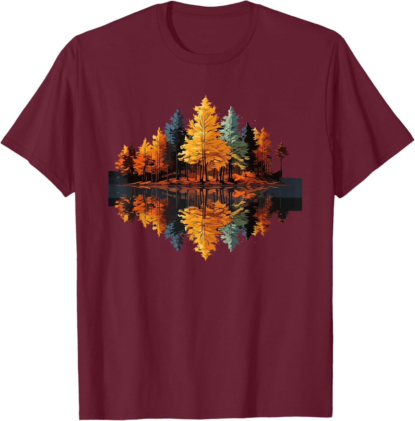 Nature Reflection Forest Trees Outdoor Wildlife T-Shirt - T-Shirt | Maroon