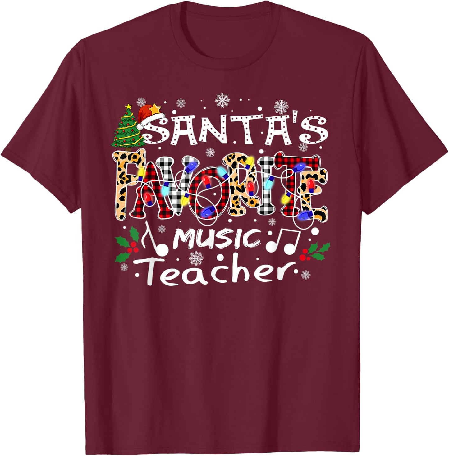 Merry Christmas Santa's Favorite Music Teacher Xmas Lights T-Shirt - T-Shirt | Maroon