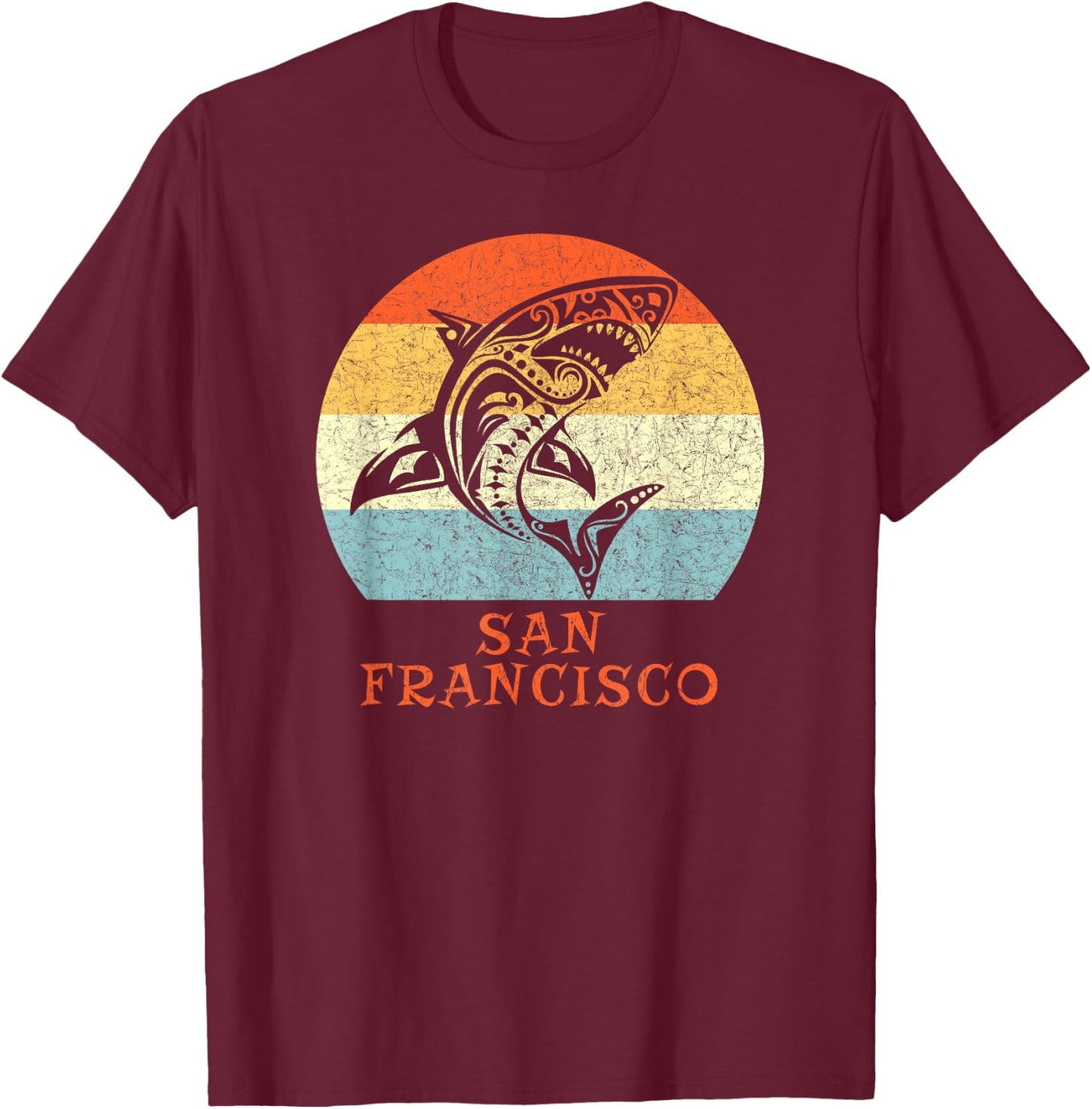 San Francisco, California Vintage Retro Tribal Shark T-Shirt - T-Shirt | Maroon