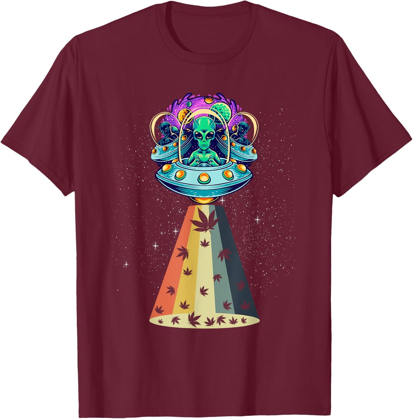 Vintage Alien Weed Pot Leaf UFO Abduction Marijuana T-Shirt - T-Shirt | Maroon
