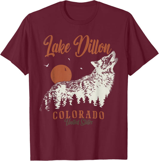 Vintage Lake Dillon Mountains Colorado Forest Wolf T-Shirt - T-Shirt | Maroon