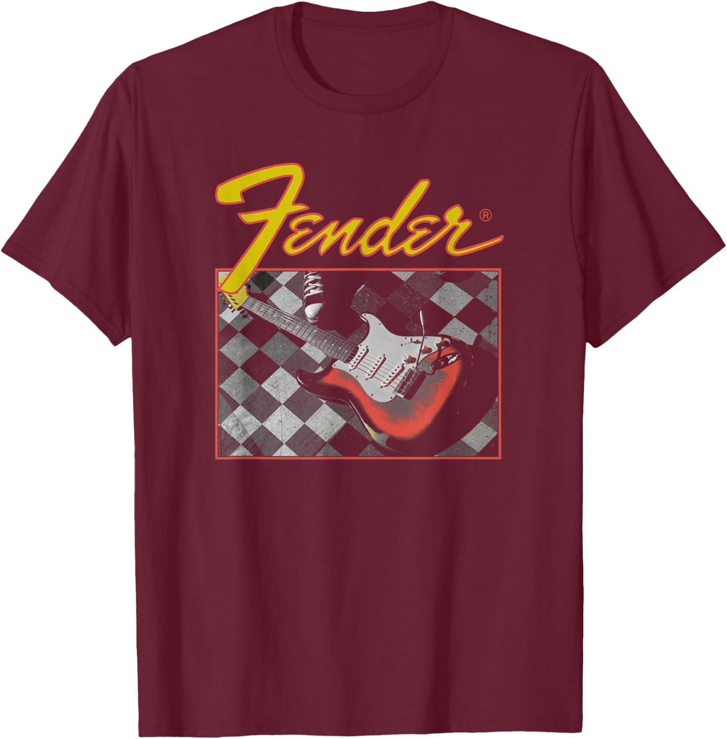 Fender Retro Vintage Guitar Checkered T-Shirt - T-Shirt | Maroon