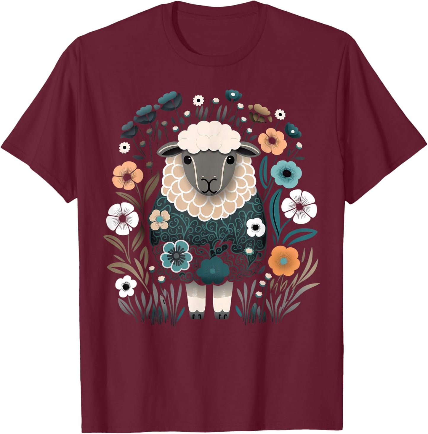 Cute Sheep Floral Colorful Flowers in the Garden Black T-Shirt - T-Shirt | Maroon