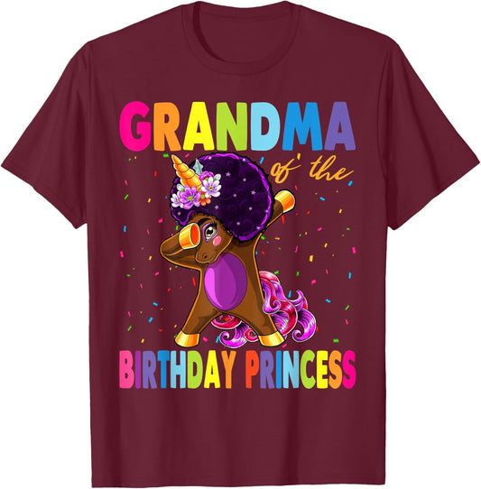 Dabbing Unicorn Afro Grandma of the Birthday Princess T-Shirt - T-Shirt | Maroon