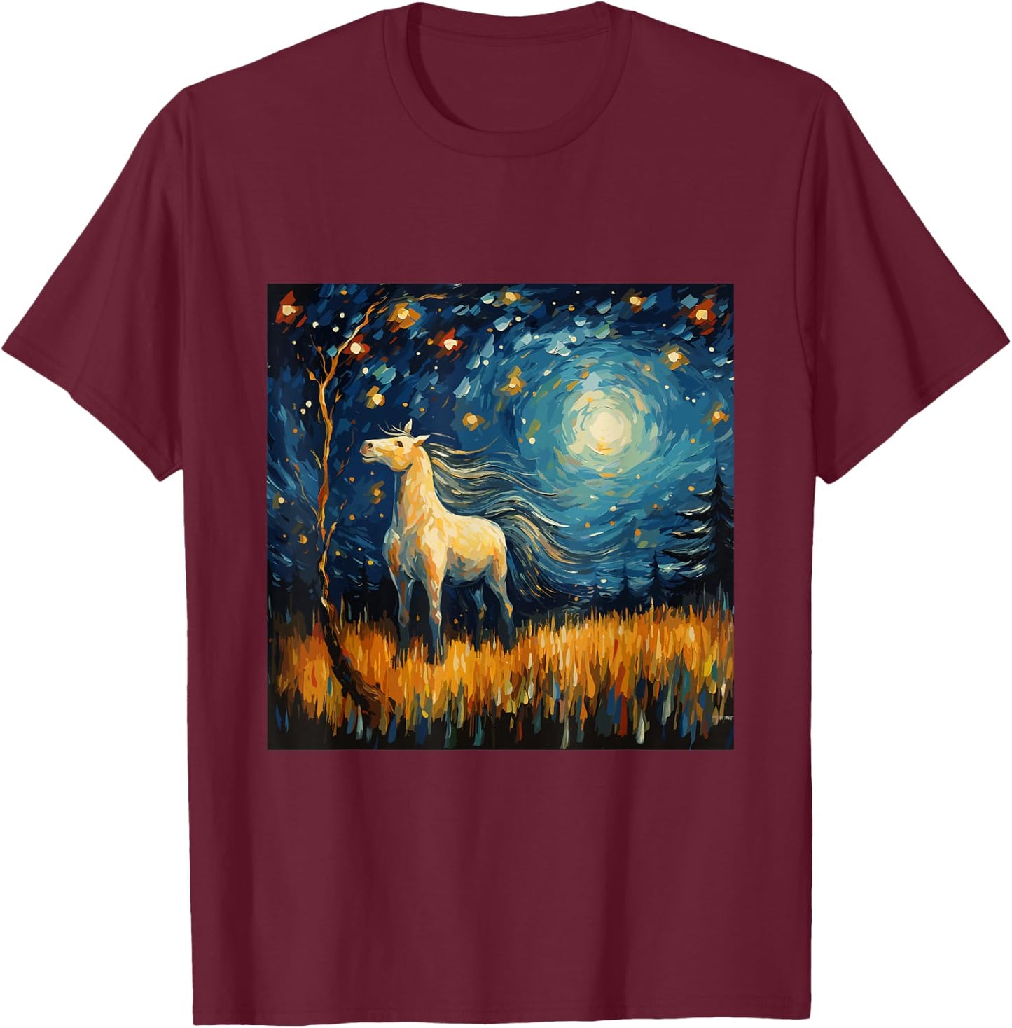 Horse in Starry Night Van Gogh inspired Art for Horses Lover T-Shirt - T-Shirt | Maroon