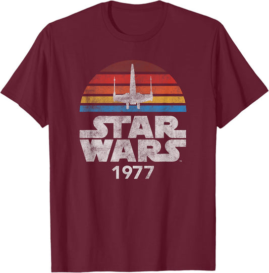 Star Wars X-Wing Rainbow Sun Silhouette T-Shirt - T-Shirt | Maroon