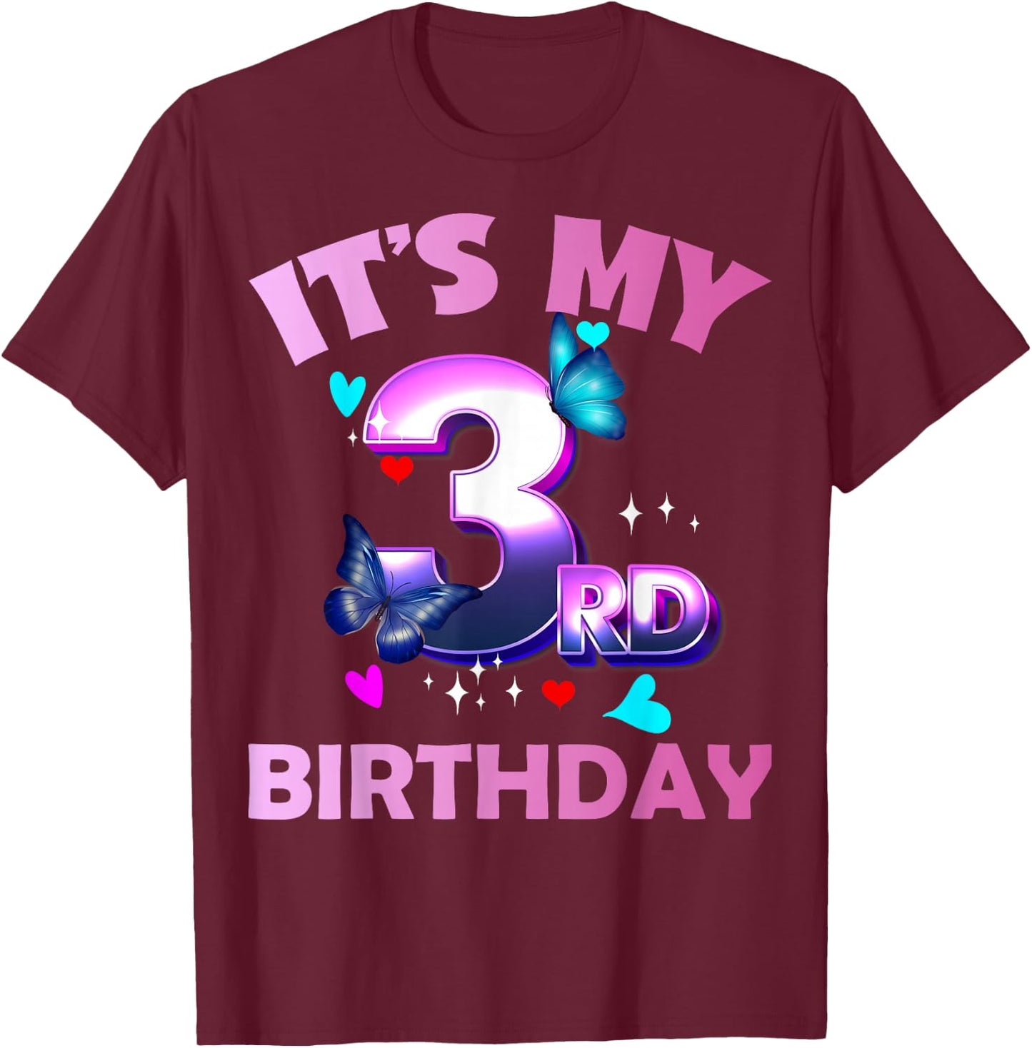 Butterflies - Girls and Boys - It´s My 3rd Birthday T-Shirt - T-Shirt | Maroon