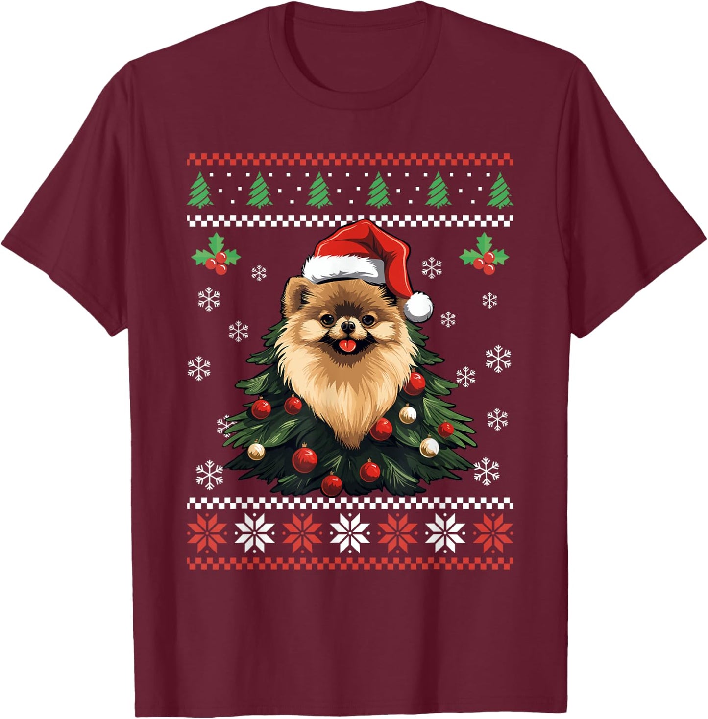 Pomeranian Dog Ugly Christmas Sweater Xmas For Adults Kids T-Shirt - T-Shirt | Maroon