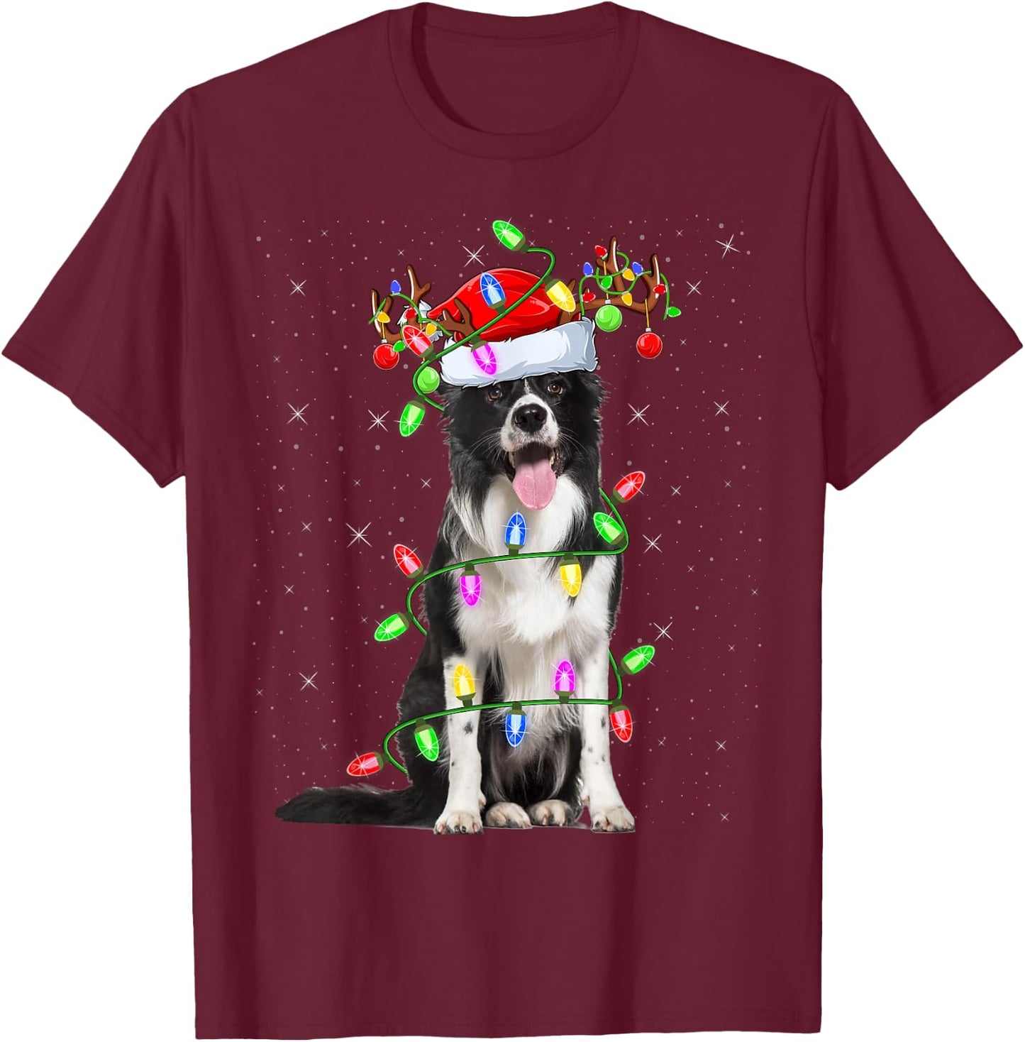 Xmas Holiday Lighting Santa Border Collie Dog Christmas T-Shirt - T-Shirt | Maroon