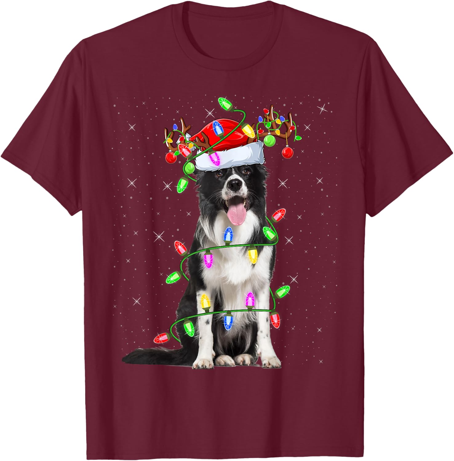 Xmas Holiday Lighting Santa Border Collie Dog Christmas T-Shirt - T-Shirt | Maroon
