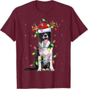Xmas Holiday Lighting Santa Border Collie Dog Christmas T-Shirt - T-Shirt | Maroon