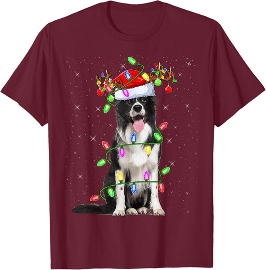 Xmas Holiday Lighting Santa Border Collie Dog Christmas T-Shirt - T-Shirt | Maroon