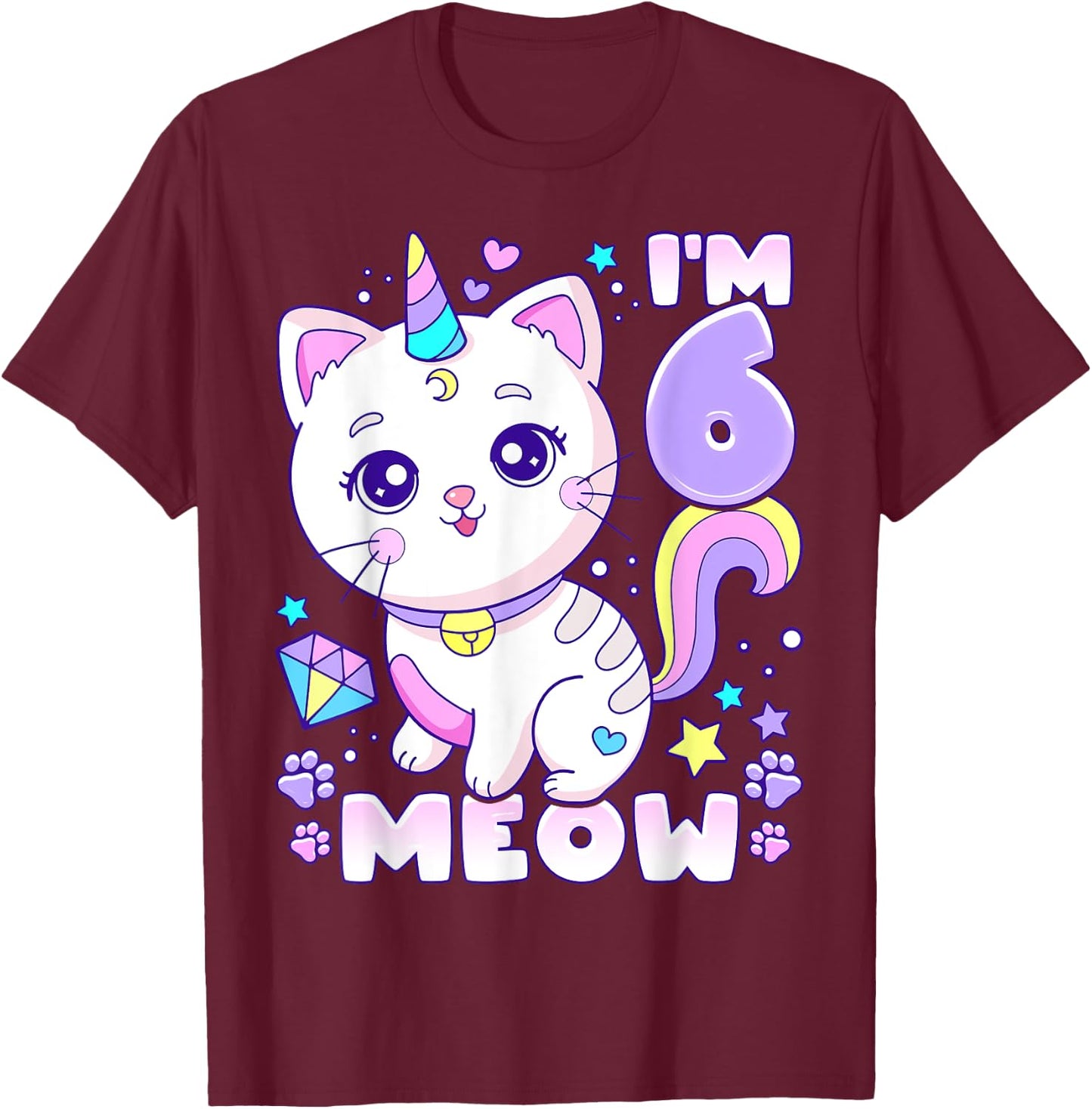 Birthday girl 6 years old, cat, unicorn, 6th birthday T-Shirt - T-Shirt | Maroon