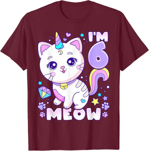 Birthday girl 6 years old, cat, unicorn, 6th birthday T-Shirt - T-Shirt | Maroon