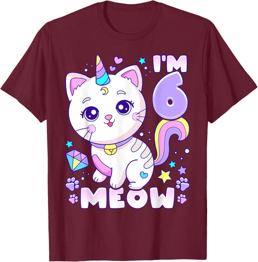 Birthday girl 6 years old, cat, unicorn, 6th birthday T-Shirt - T-Shirt | Maroon