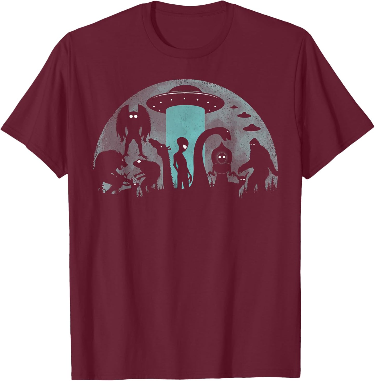 Bigfoot Loch Ness Monster Mothman And Aliens Funny Cryptid T-Shirt - T-Shirt | Maroon