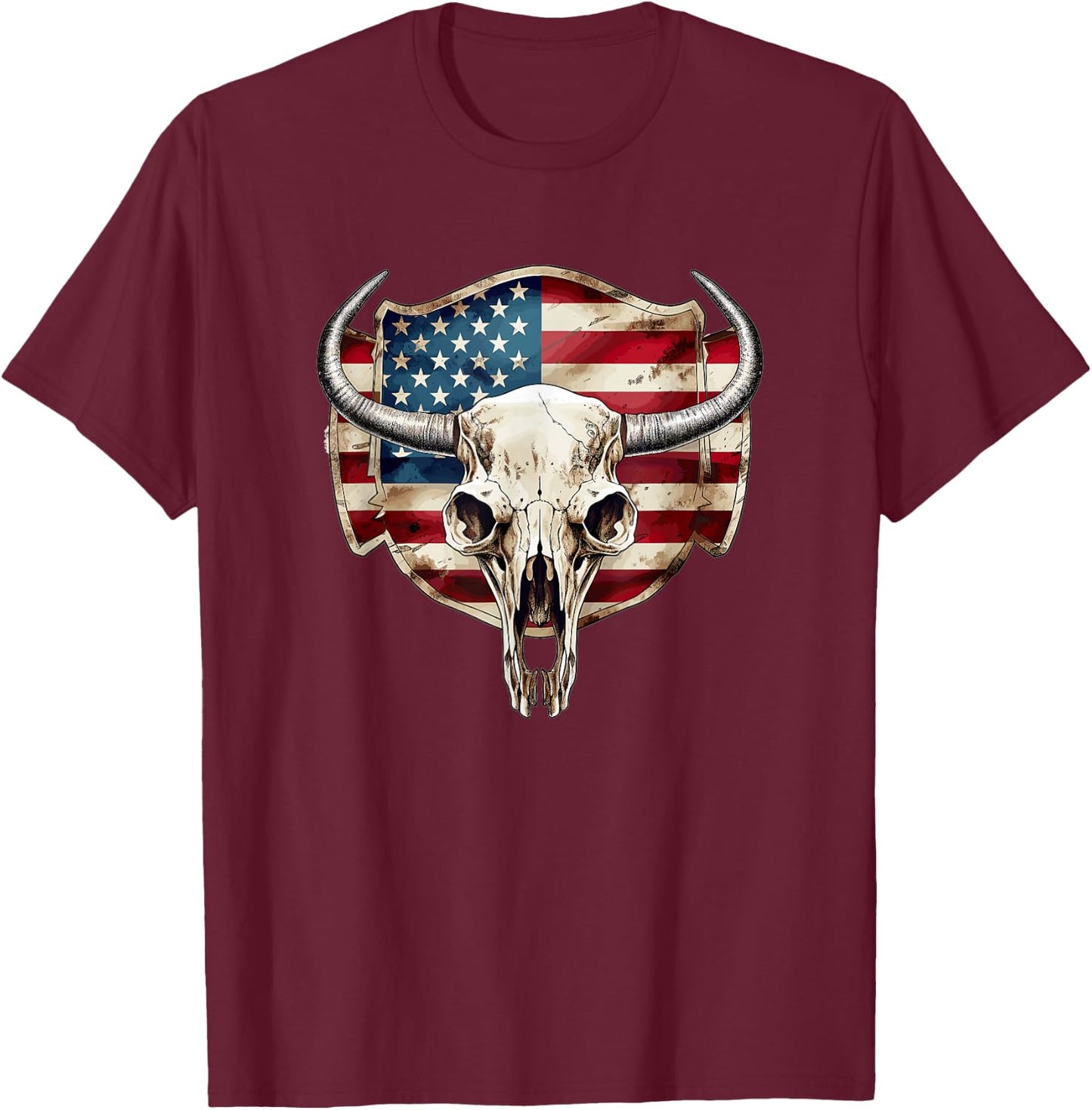 Vintage Cow Bull Cattle Skull Head Western Patriotic US-Flag Women Men T-Shirt - T-Shirt | Maroon