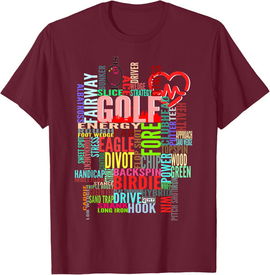 Colorful Golf Word Cloud Funny Golfer Design T-Shirt - T-Shirt | Maroon