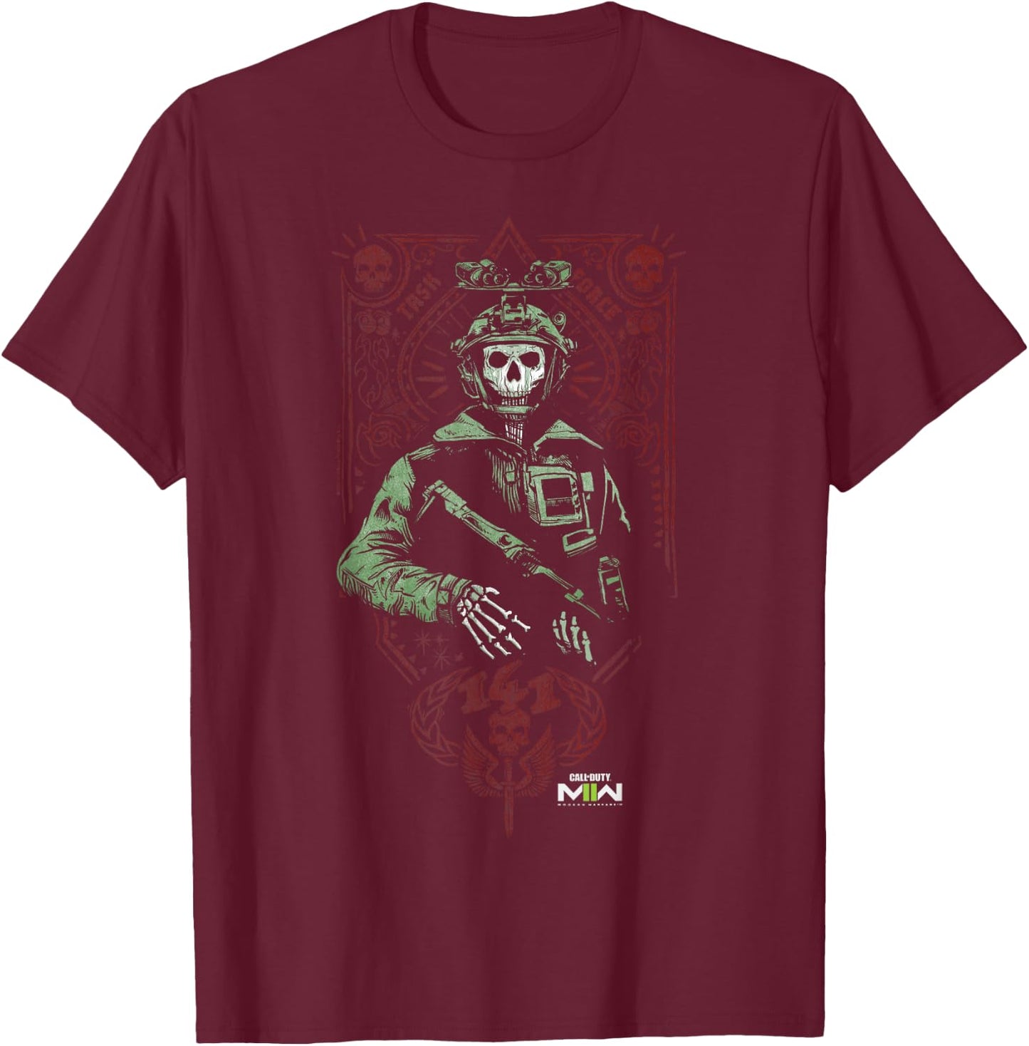 Call of Duty: Modern Warfare 2 Ghost Playing Card Portrait T-Shirt - T-Shirt | Maroon