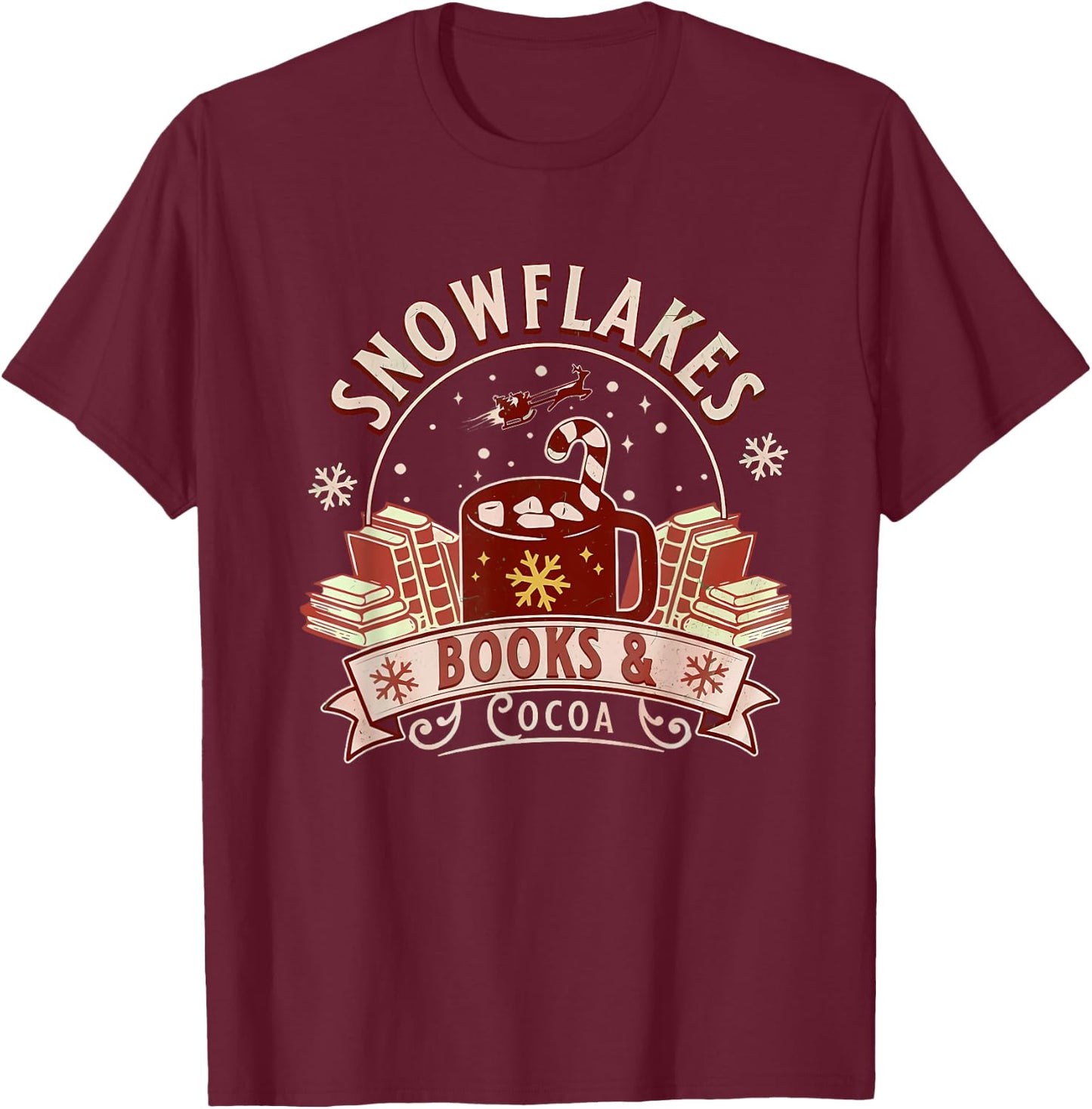 Snowflakes Books & Cocoa Cozy Design T-Shirt - T-Shirt | Maroon