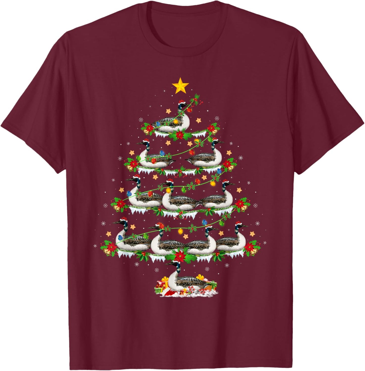 Loon Bird Lover Xmas Lights Loon Christmas Tree T-Shirt - T-Shirt | Maroon