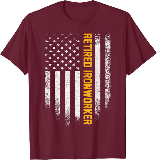 Vintage American Flag Retired Ironworker Funny Iron Worker T-Shirt - T-Shirt | Maroon