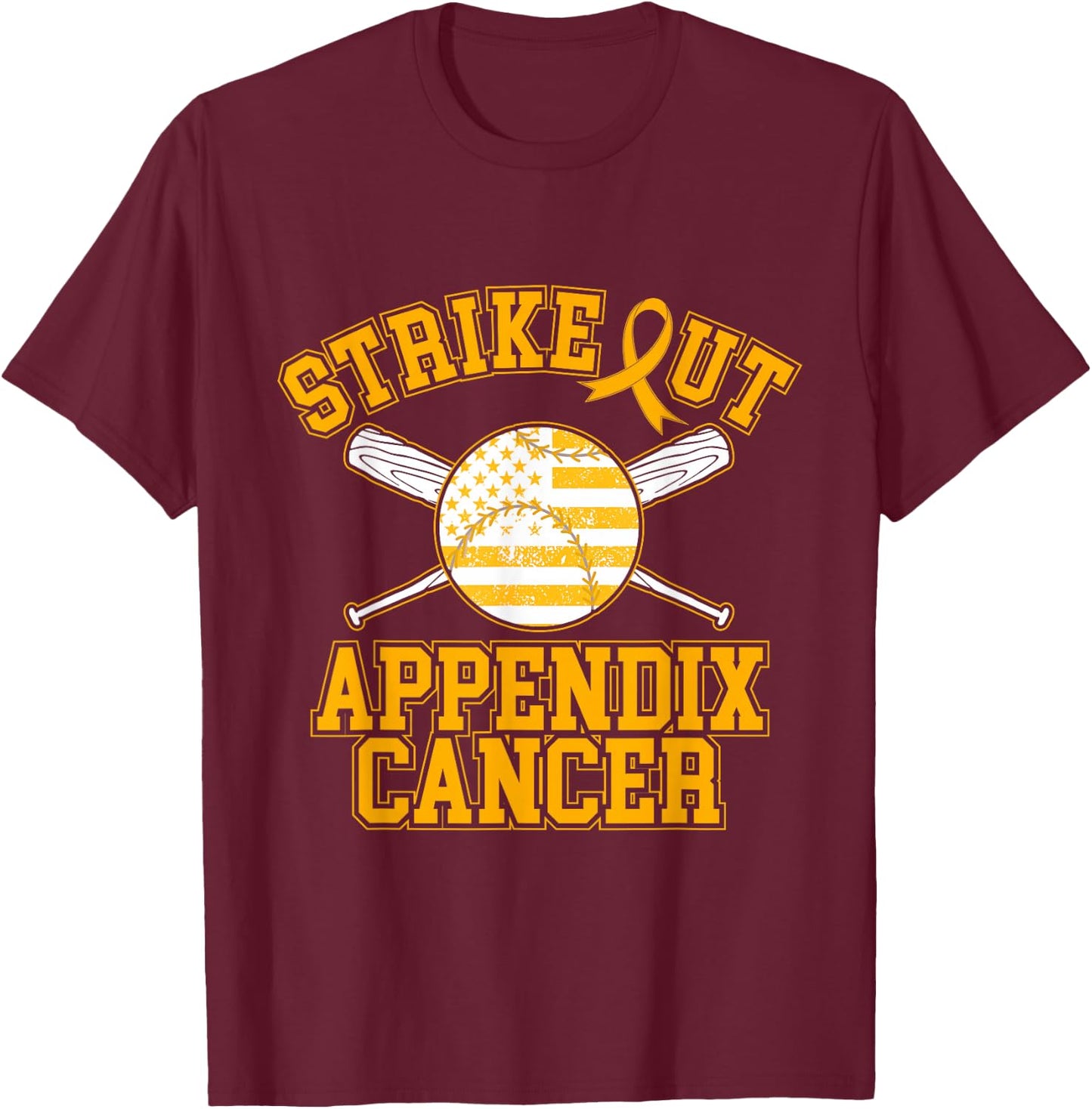 American Flag Strikeout Appendix Cancer Ribbon Baseball T-Shirt - T-Shirt | Maroon