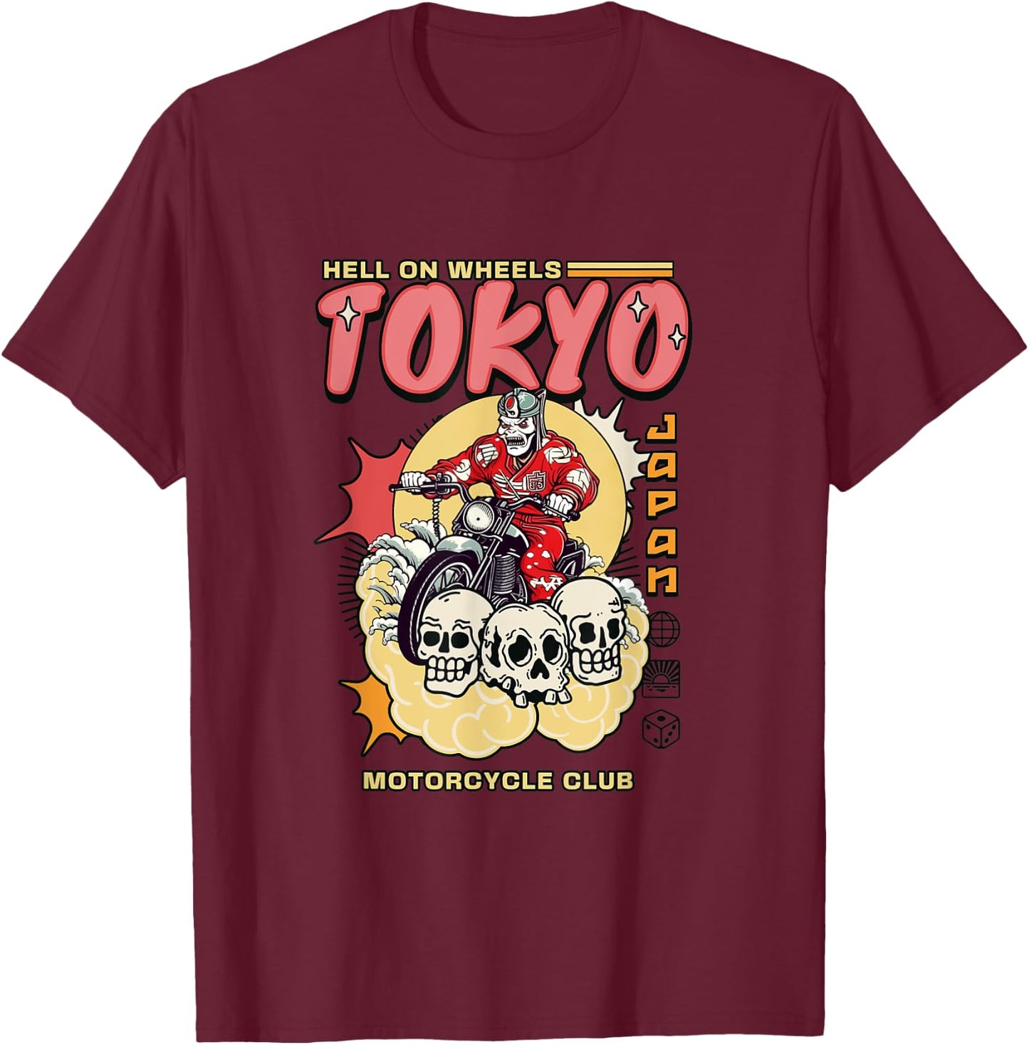 Tokyo Japan Motorcycle Club Biker MC Wheels Retro Skulls T-Shirt - T-Shirt | Maroon