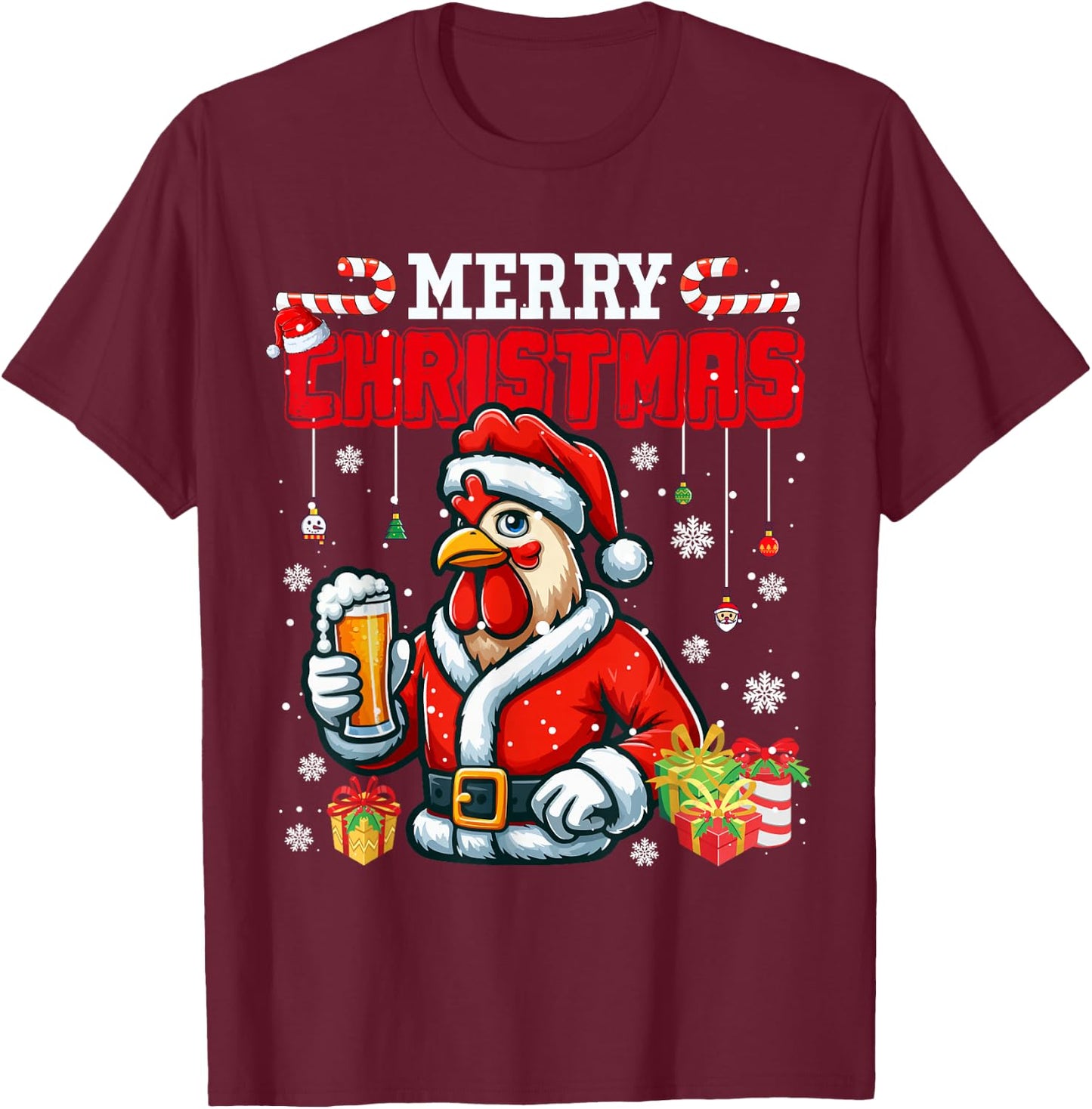 Merry Christmas Santa Rooster Chicken Drinking Beer Farmer T-Shirt - T-Shirt | Maroon