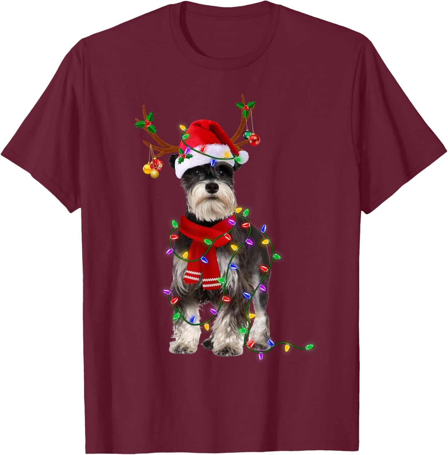 Funny Schnauzer Dog Tree Christmas Lights Dog Lover Pajama Men Women Kids T-Shirt - T-Shirt | Maroon