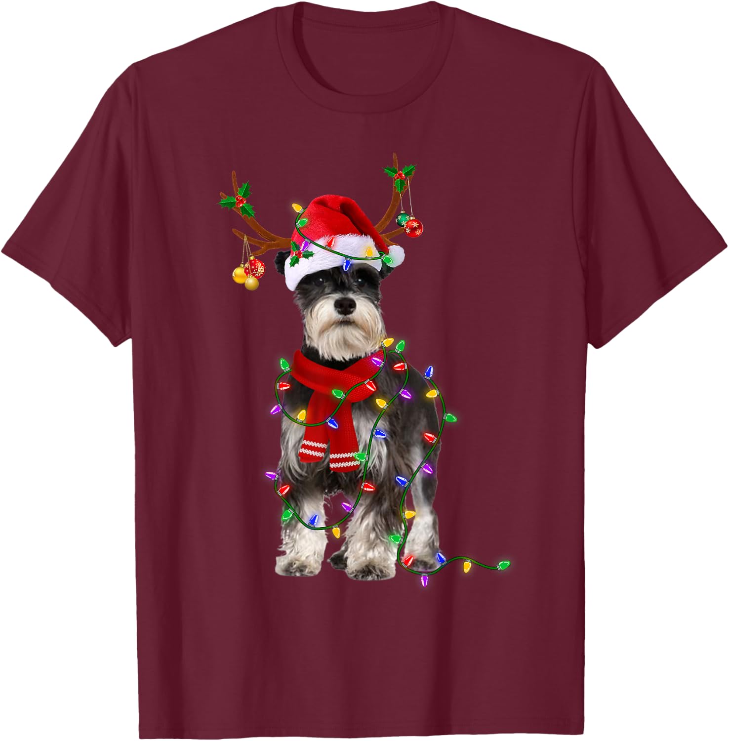 Funny Schnauzer Dog Tree Christmas Lights Dog Lover Pajama Men Women Kids T-Shirt - T-Shirt | Maroon