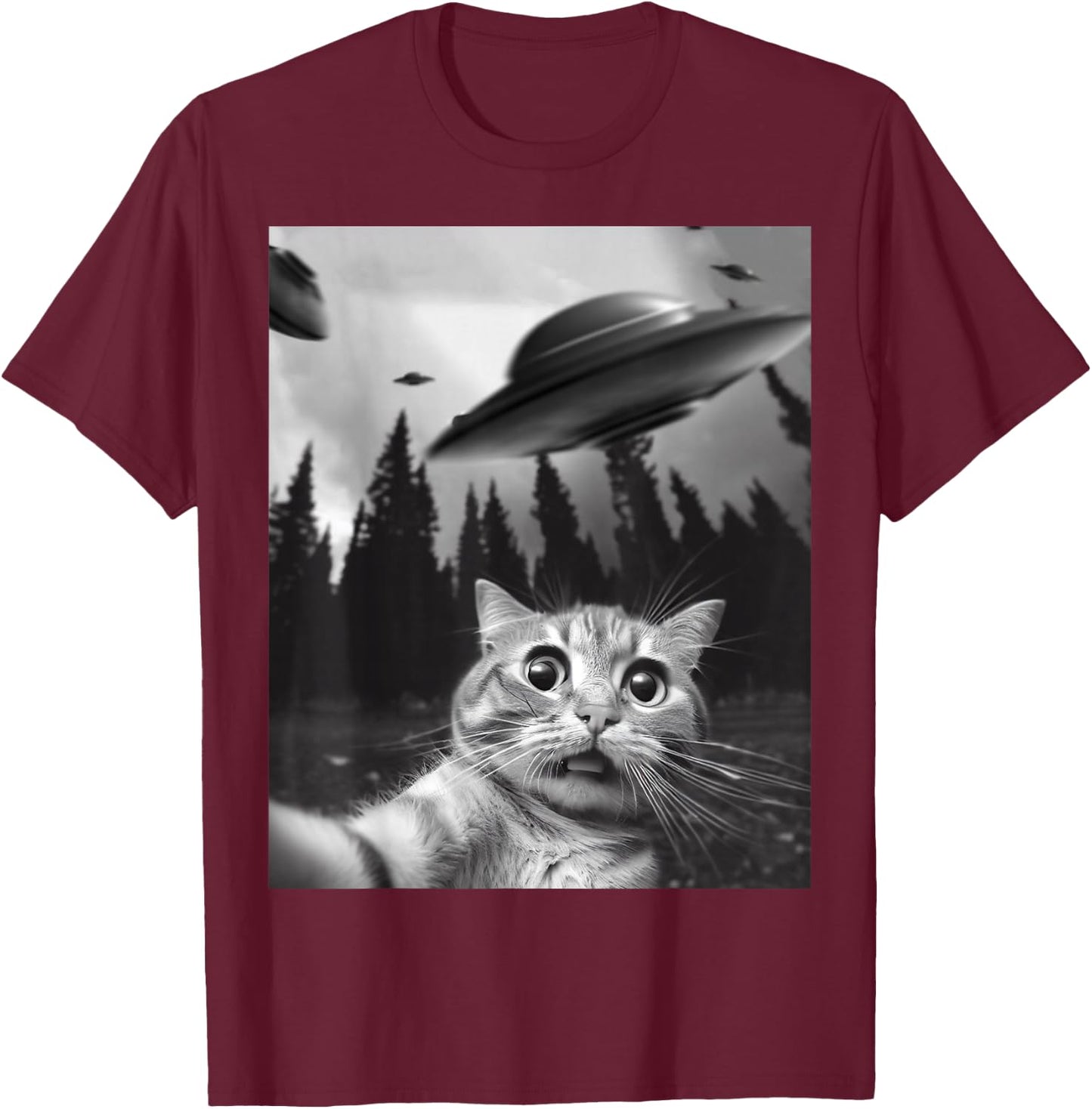 Funny Cat Selfie with UFOs T-Shirt - T-Shirt | Maroon