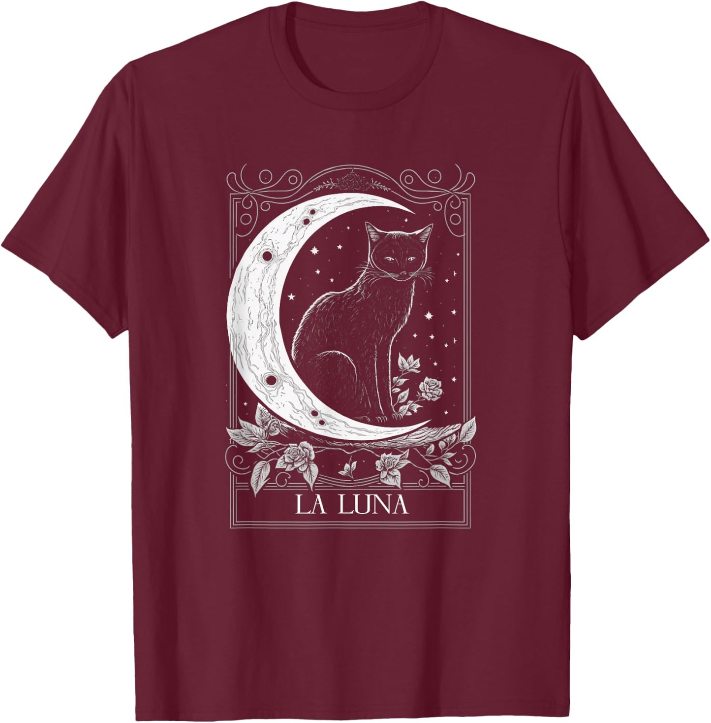 Cat and Crescent Moon Tarot Card Graphic T-Shirt - T-Shirt | Maroon