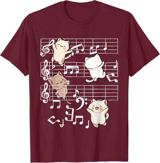 Cat Music Shirt - Cute Cats Playing Music Note Clef Musician T-Shirt - T-Shirt | Maroon