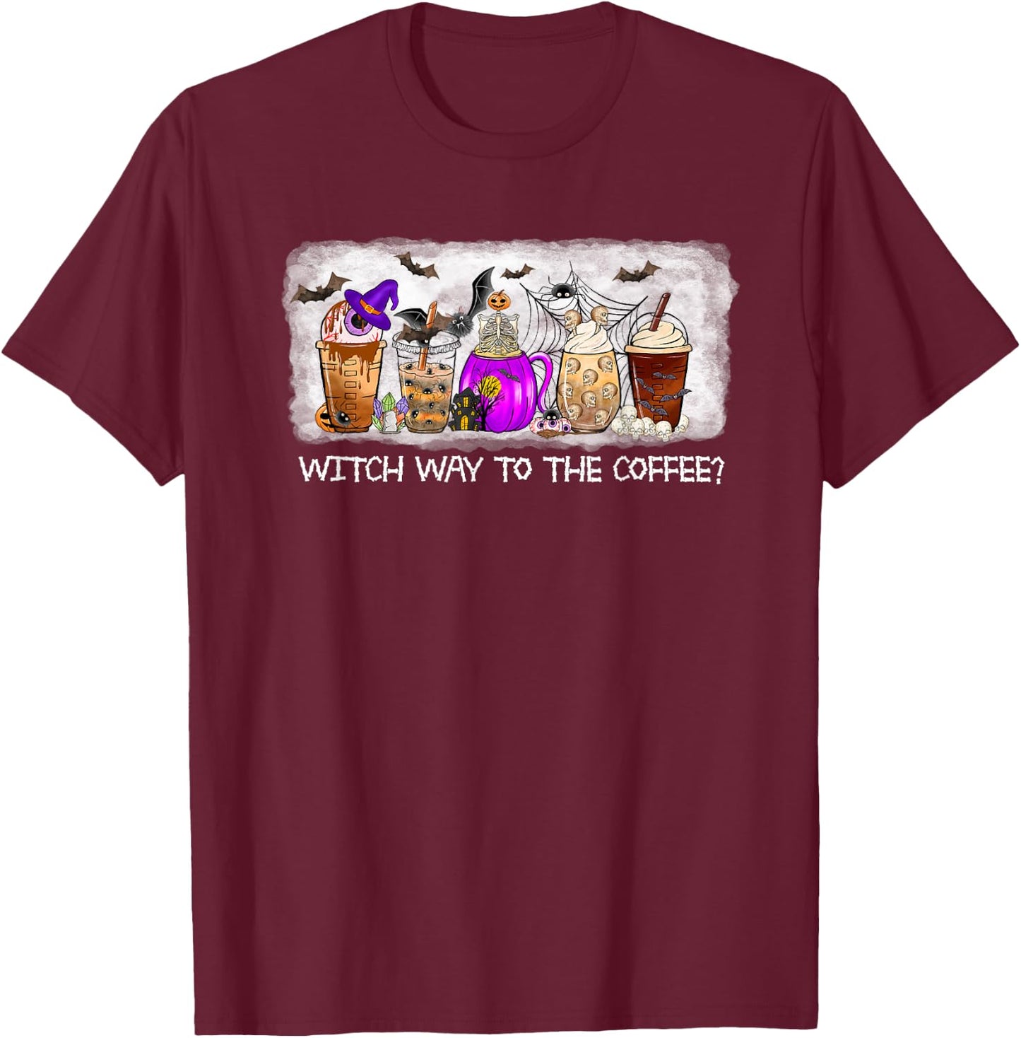 Witch Way To The coffee Lover Halloween Fall Costume Tops T-Shirt - T-Shirt | Maroon