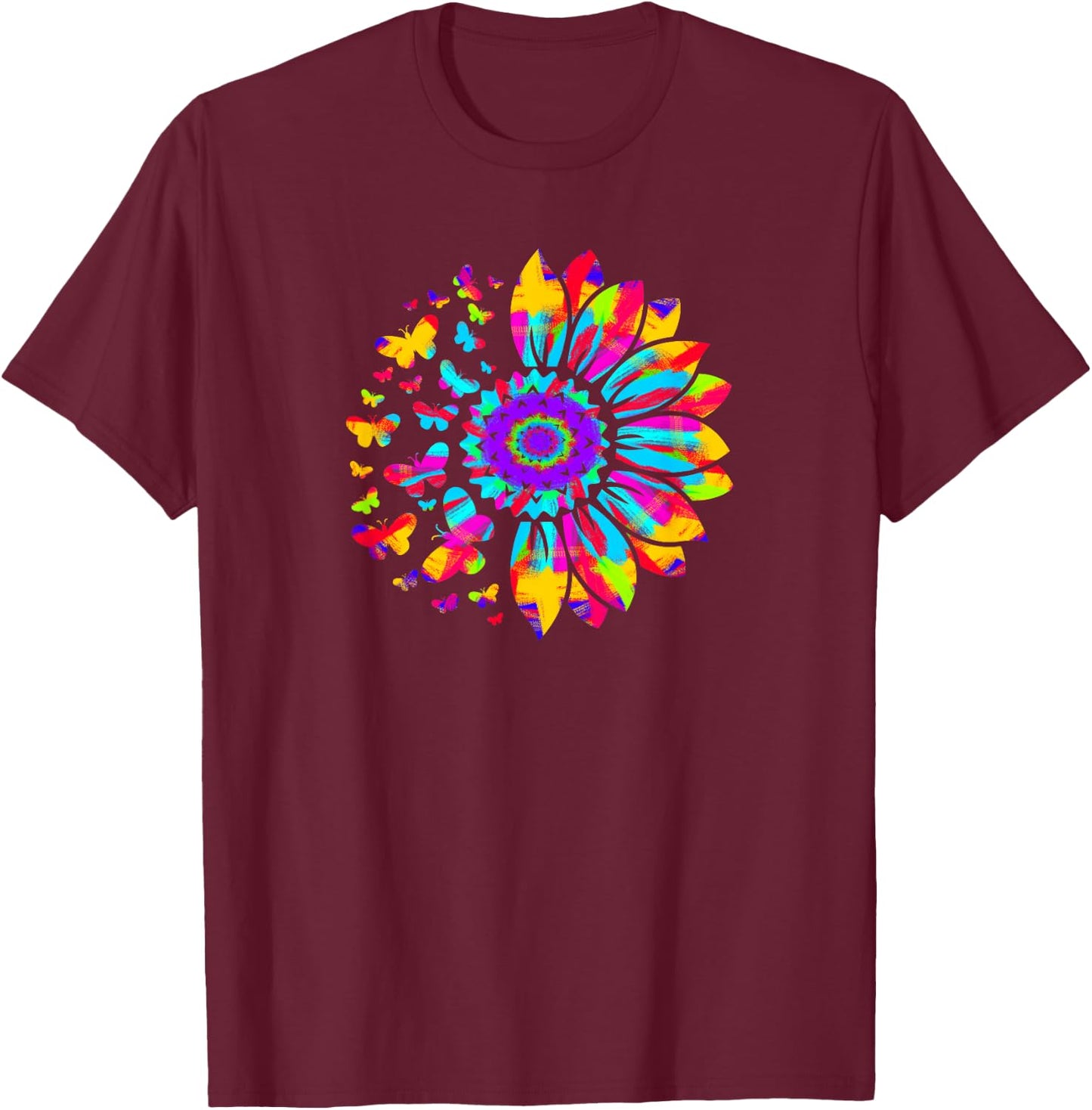 Sunflower Sun Flower Tie Dye Daisy Butterflies Women Girls T-Shirt - T-Shirt | Maroon