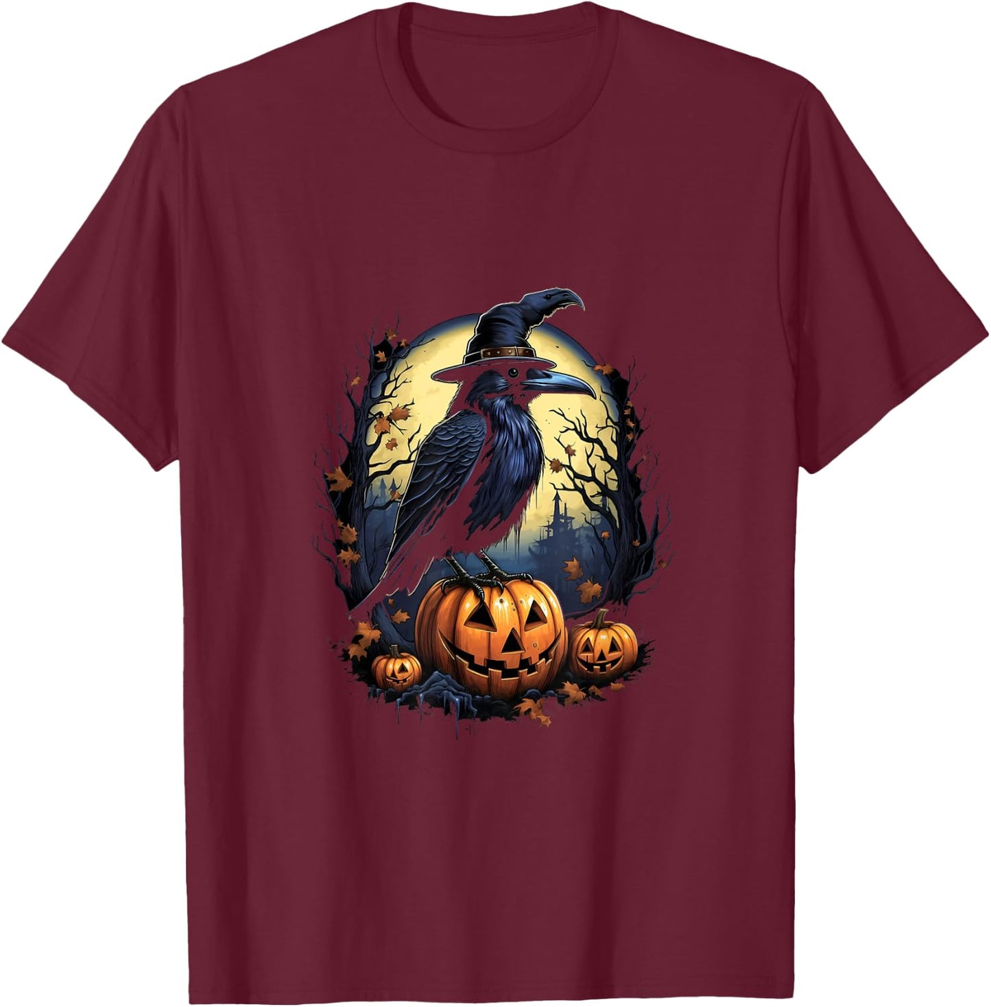 Crow Bird Witch Hat Pumpkins Halloween Costume T-Shirt - T-Shirt | Maroon