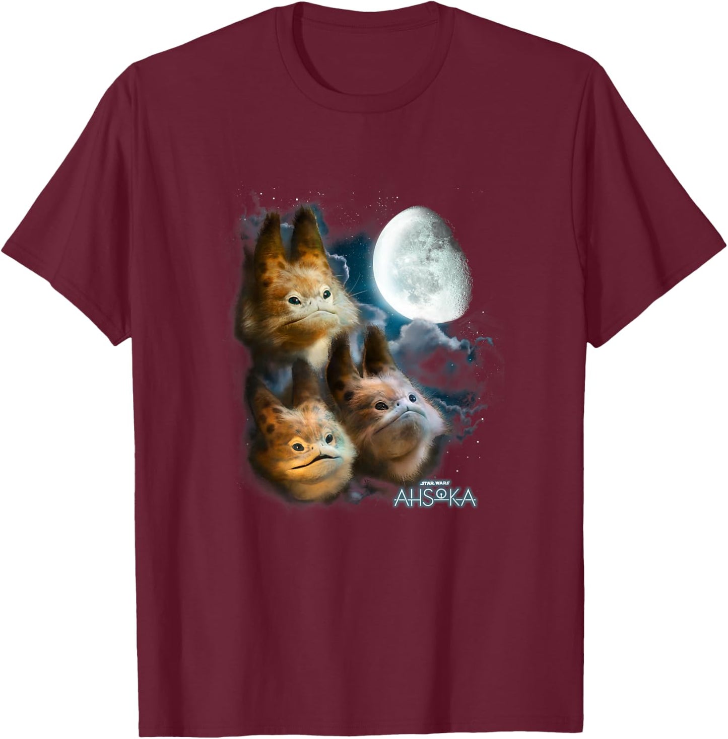 Star Wars: Ahsoka Loth-Cat Cloudy Galactic Trio Portrait T-Shirt - T-Shirt | Maroon