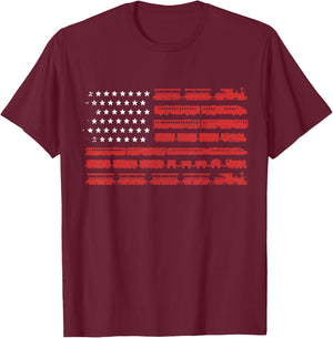 Train American Flag Patriotic Locomotive Railroad T-Shirt - T-Shirt | Maroon
