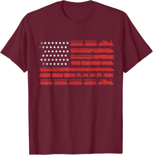 Train American Flag Patriotic Locomotive Railroad T-Shirt - T-Shirt | Maroon