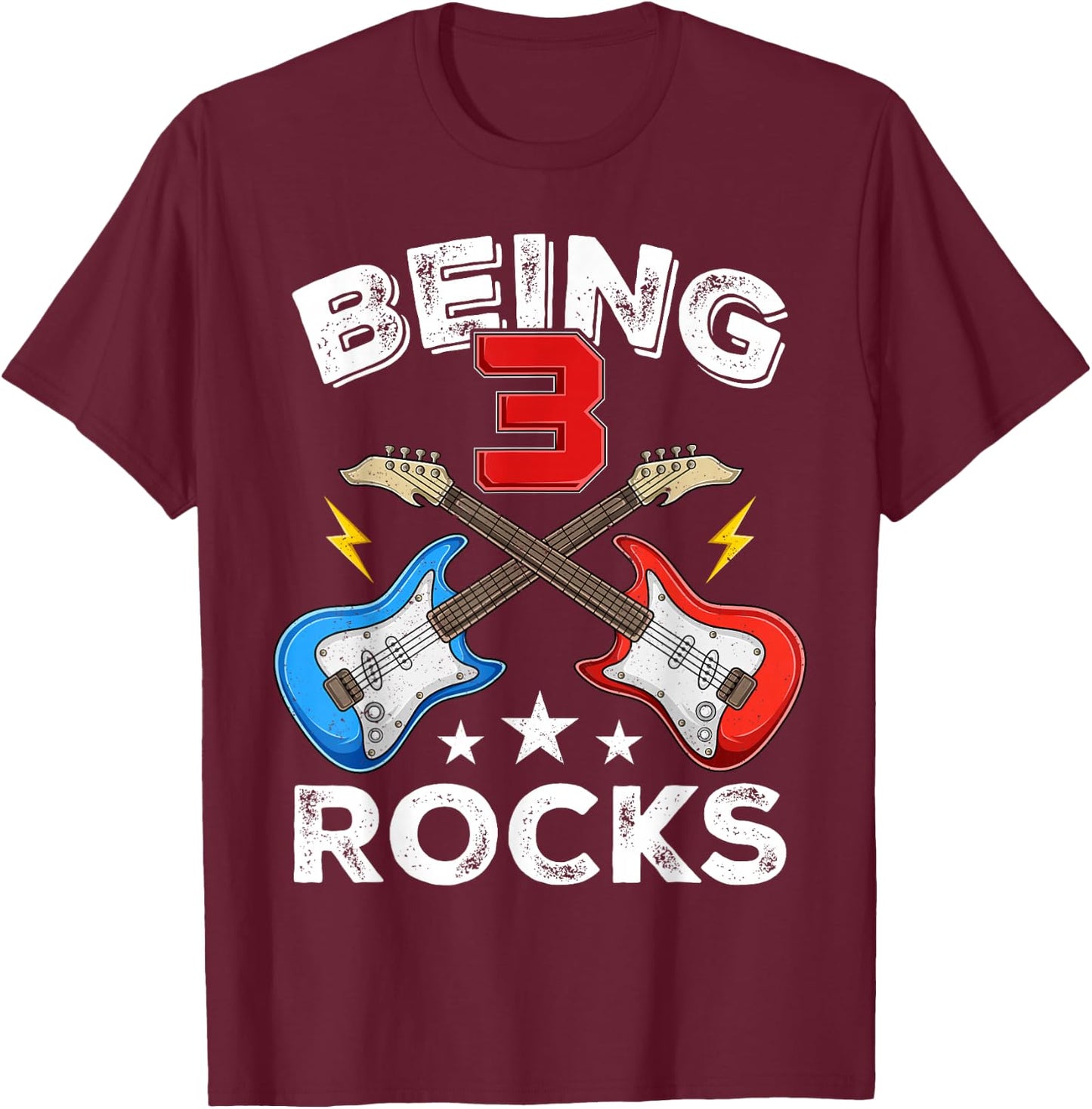 Being 3 Rocks Guitar Three Year Old Cool 3rd Birthday Kids T-Shirt - T-Shirt | Maroon