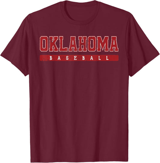 Oklahoma Baseball Red Vintage Text T-Shirt - T-Shirt | Maroon