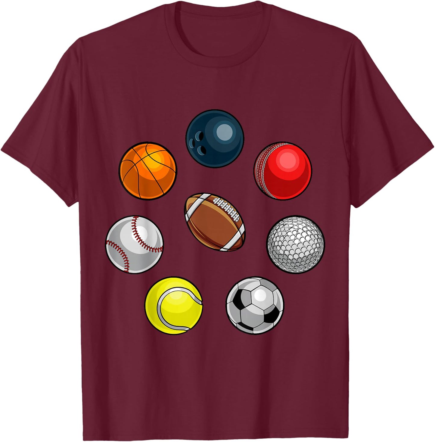 Cartoon Sports Balls Design T-Shirt - T-Shirt | Maroon