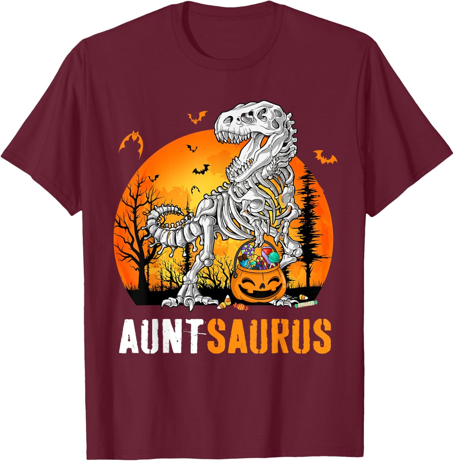 Auntsaurus Dinosaur Skeleton Halloween Aunt Saurus T-Shirt - T-Shirt | Maroon
