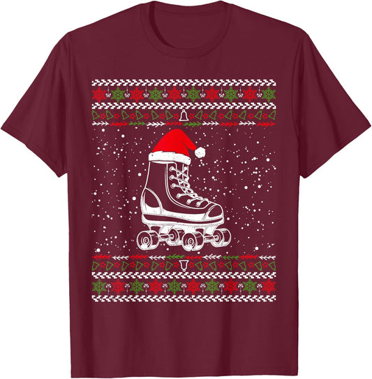 Roller Skating Ugly Christmas Sweater Sport Lover Matching T-Shirt - T-Shirt | Maroon