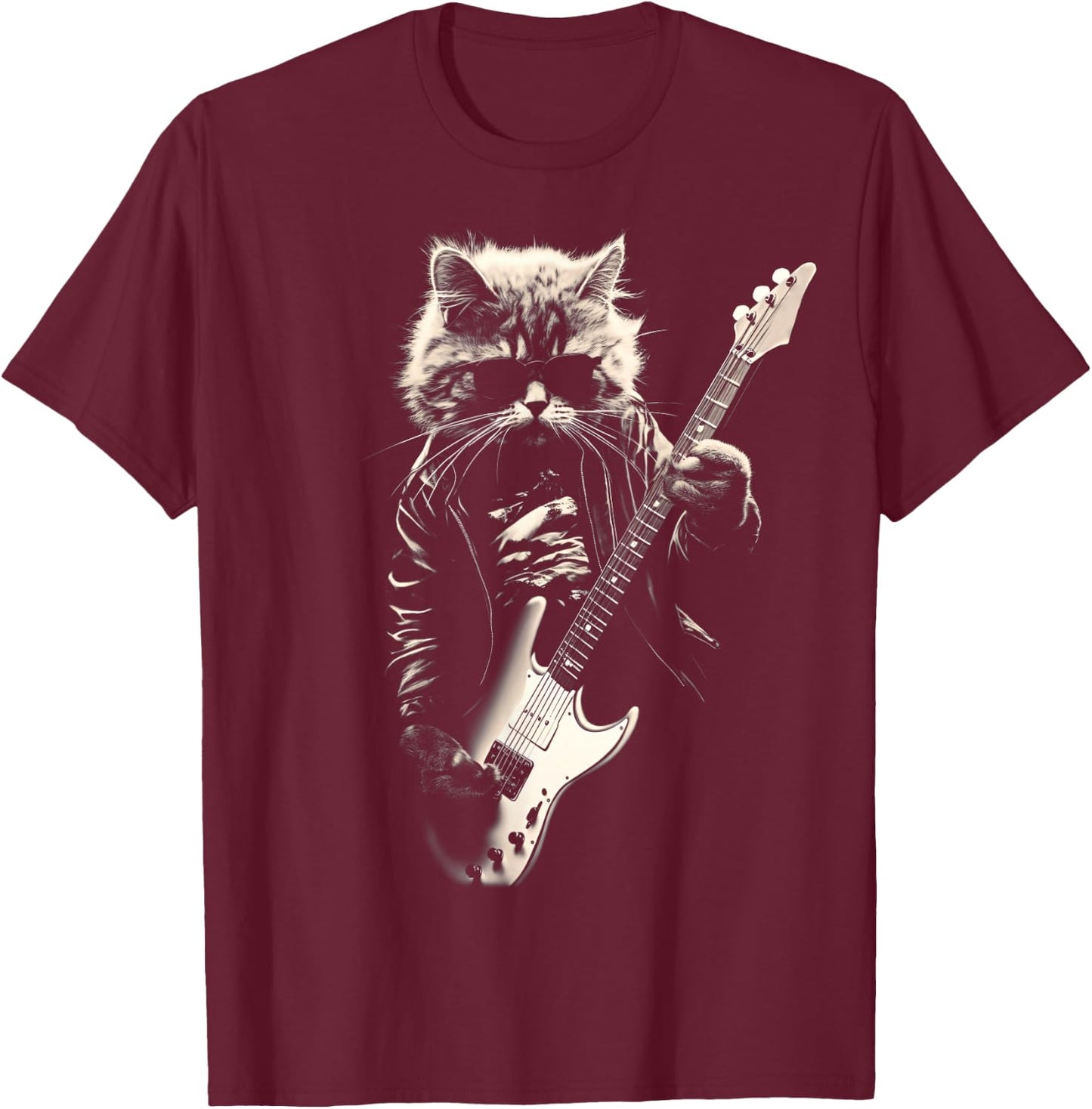 Rock Cat Playing Guitar - Funny Guitar Cat T-Shirt - T-Shirt | Maroon