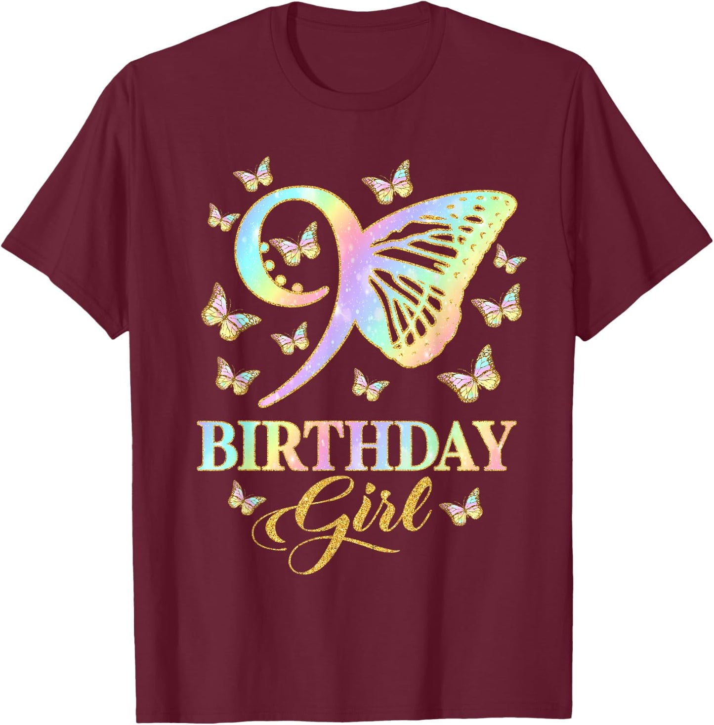 Butterfly 9th Birthday Outfit 9 Year Old Girl Kids Cute T-Shirt - T-Shirt | Maroon